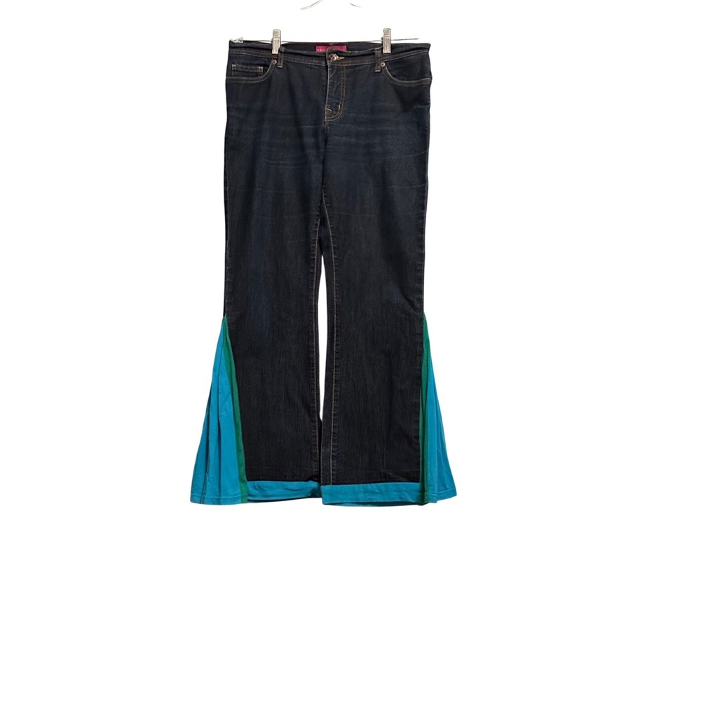 GLO Jeans Womens Dark Wash Colorblock Flare Leg Denim Pants Blue Green 11